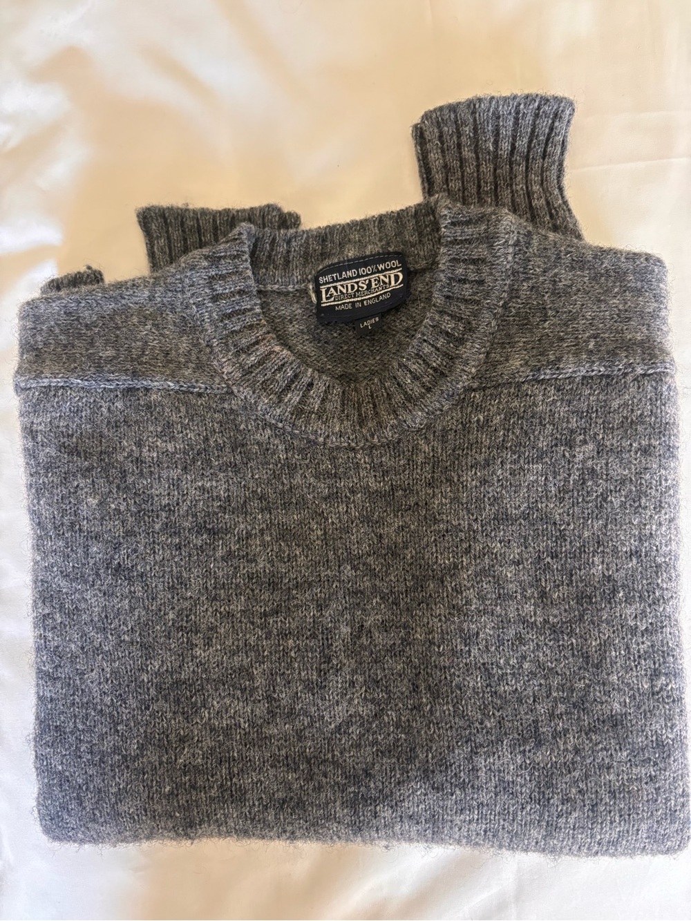 Lands' End Women’s Gray Shetland Wool Crewneck Sweater - PREPPY - TRAD
